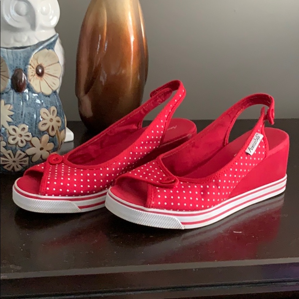 Red And White Polka Dot Slingback Wedge Sandal